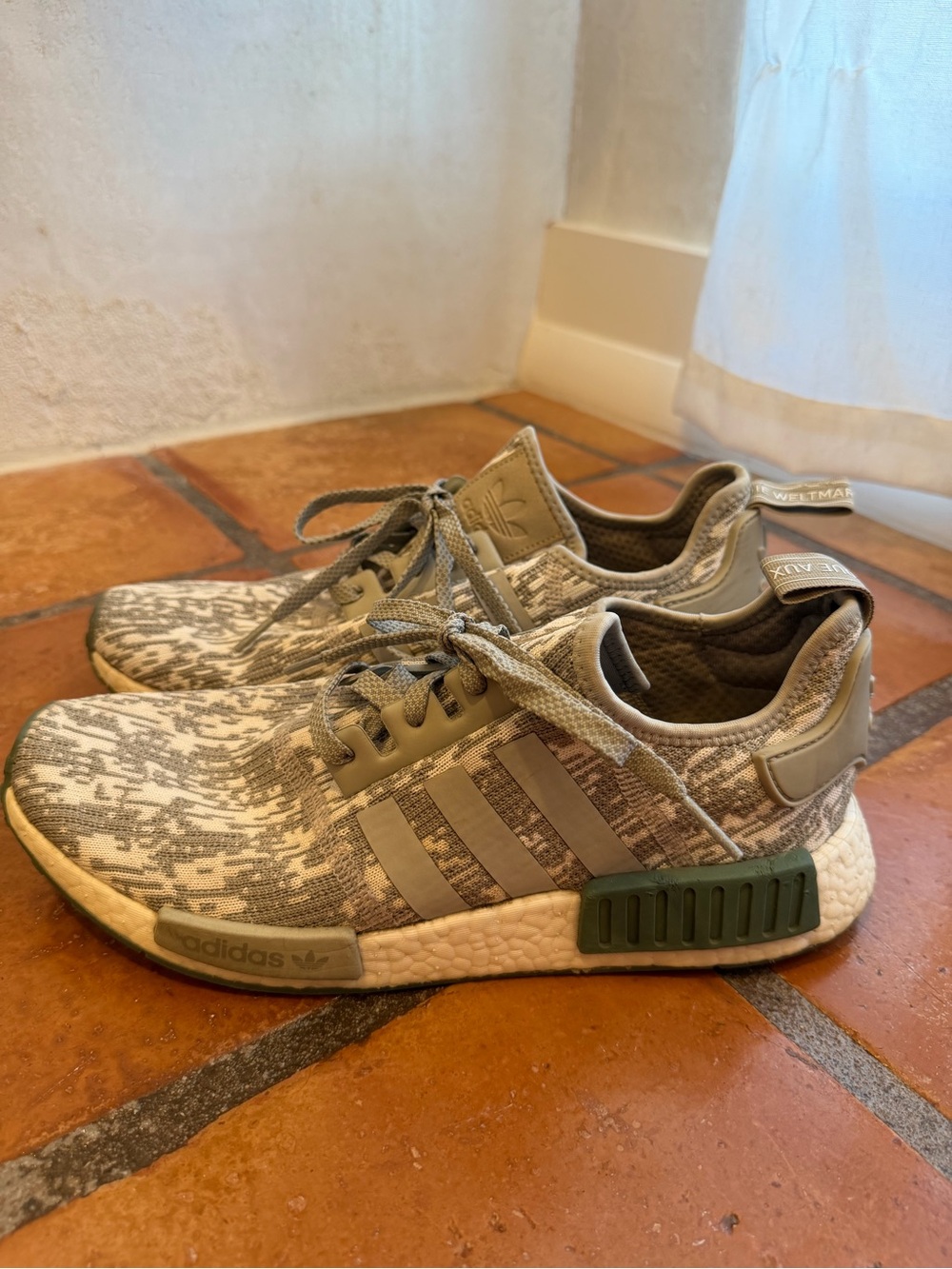 adidas NMD_R1 Knit Sneakers in Light Gray and Olive Green